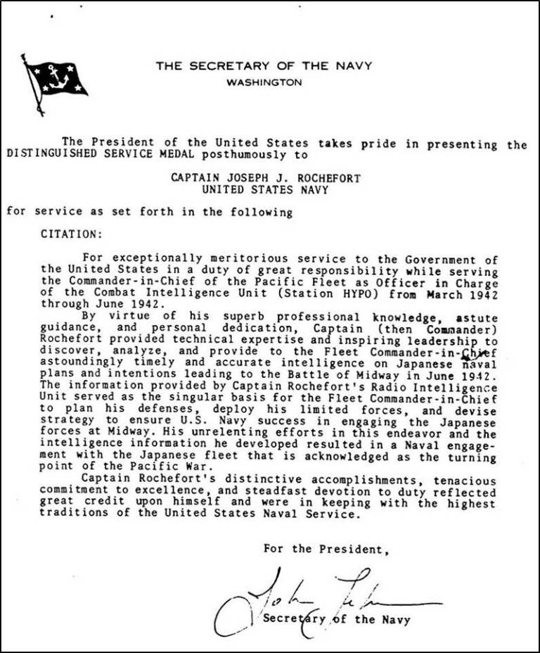 Joseph J. Rochefort Posthumously Received Distinguished Service Medal ...